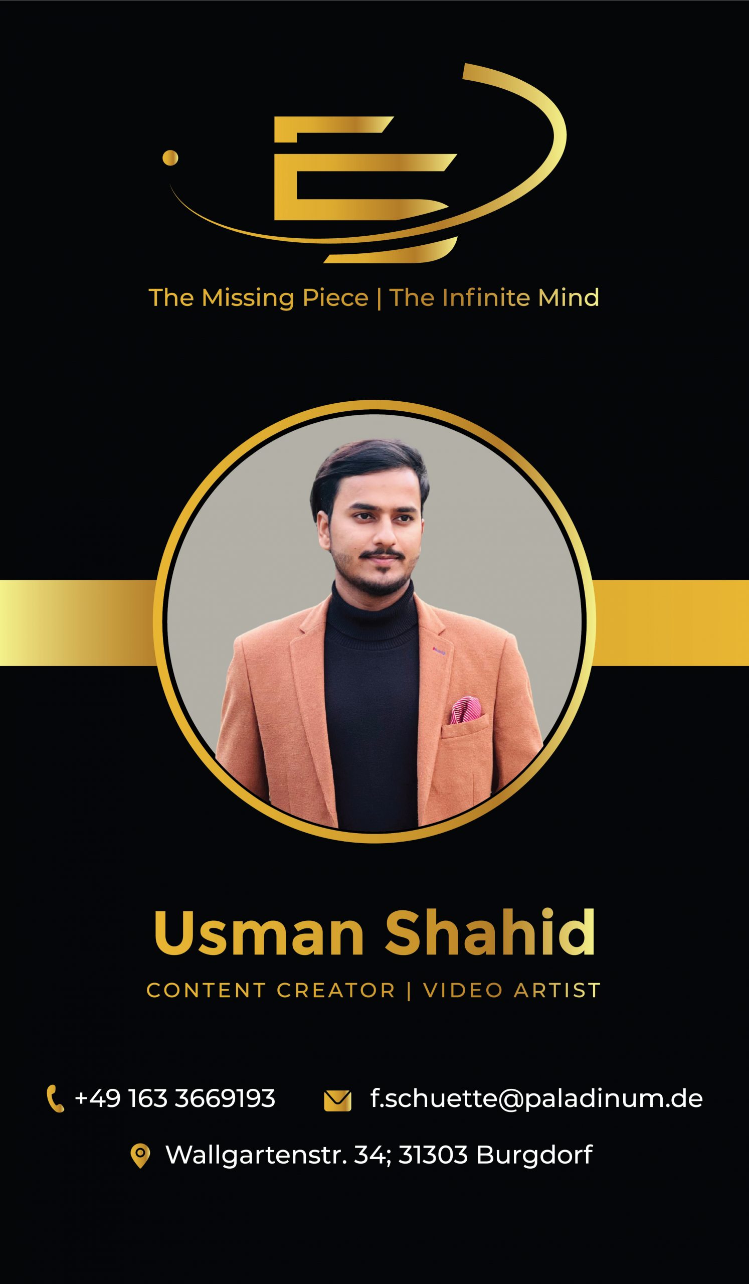 Teamkarte element5 – Usman Shahid, Content Creator und Video Artist. Zuständig für Videoproduktion, Schnitt, Storyboarding und kreative Medieninszenierung.